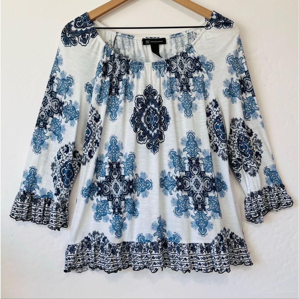 INC International Concepts White Blouse with Blue Medallion Print